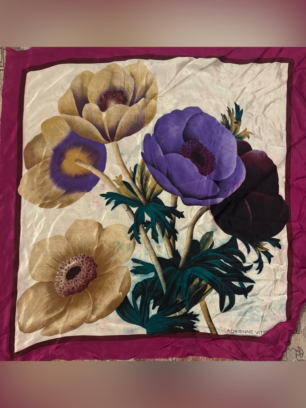 Vintage Adrienne Vittadini Purple, Gold & Teal Floral Silk Scarf